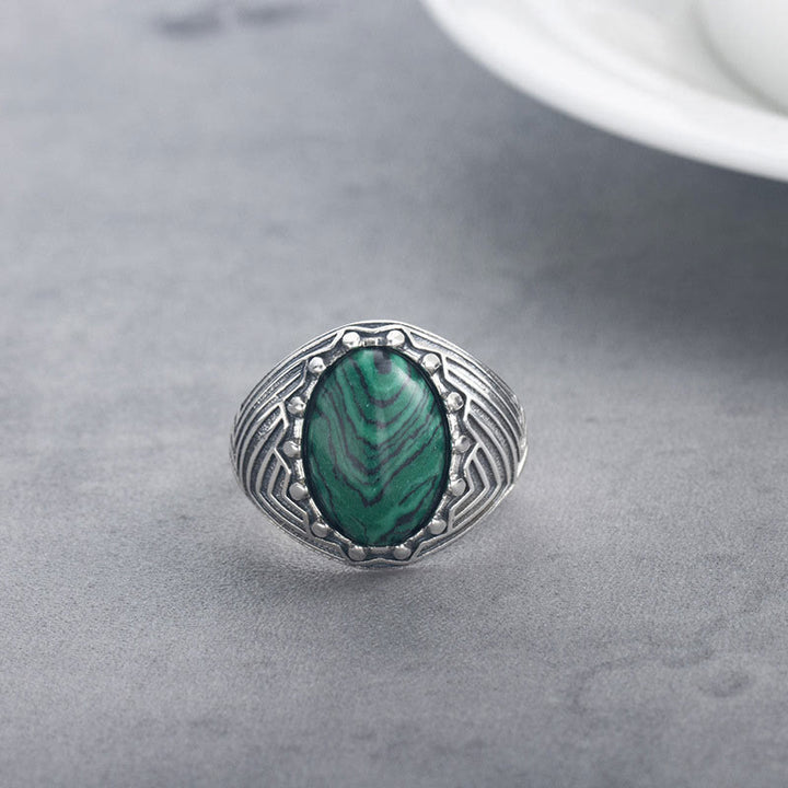 Anello della Calma con Perline di Malachite Ovali in Argento Sterling 925, Stile Vintage , Buddha Stones