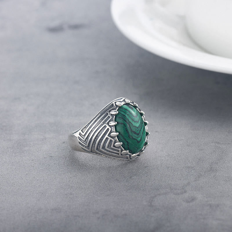 Anello della Calma con Perline di Malachite Ovali in Argento Sterling 925, Stile Vintage , Buddha Stones