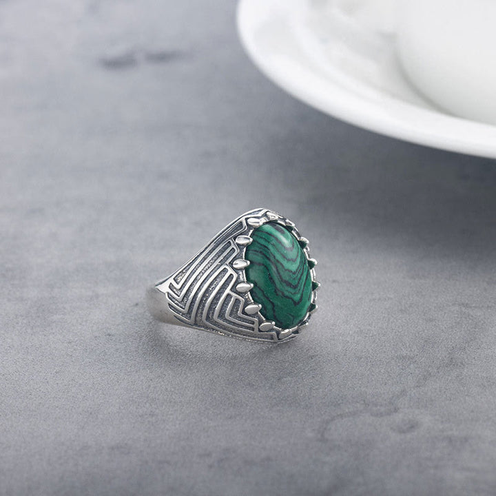 Anello della Calma con Perline di Malachite Ovali in Argento Sterling 925, Stile Vintage , Buddha Stones