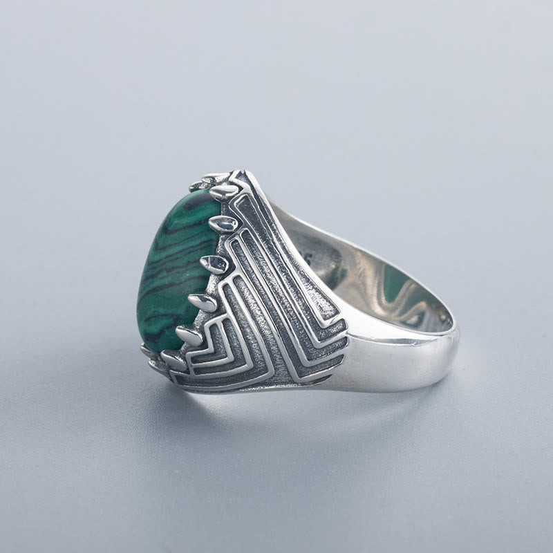Anello della Calma con Perline di Malachite Ovali in Argento Sterling 925, Stile Vintage , Buddha Stones