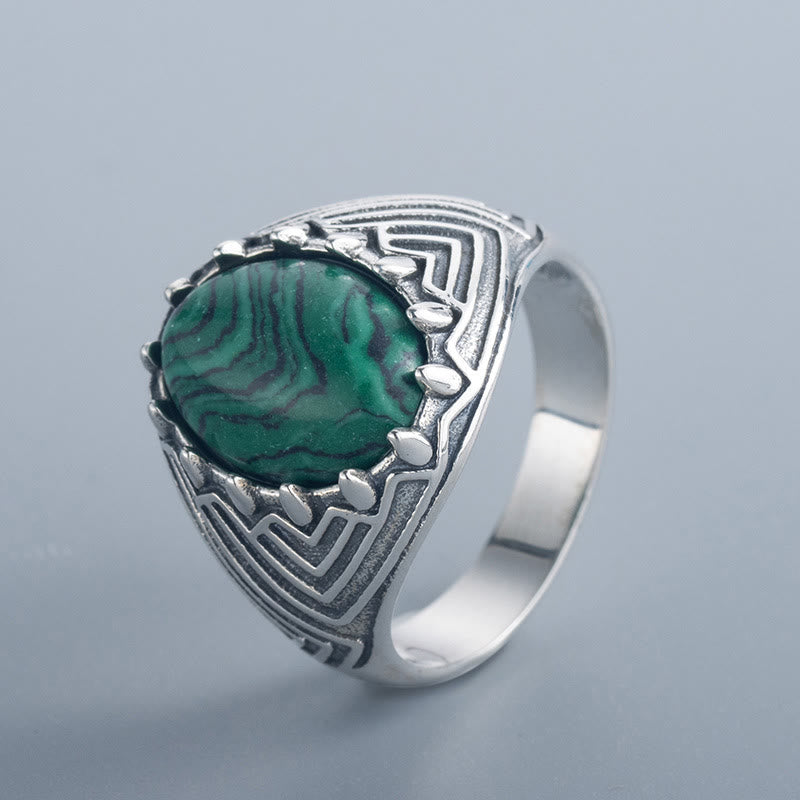 Anello della Calma con Perline di Malachite Ovali in Argento Sterling 925, Stile Vintage , Buddha Stones - Malachite (Anti-ansia ♥ Protezione) - image 0