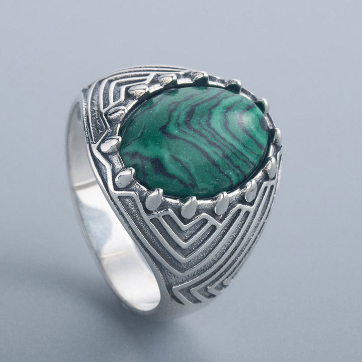 Anello della Calma con Perline di Malachite Ovali in Argento Sterling 925, Stile Vintage , Buddha Stones
