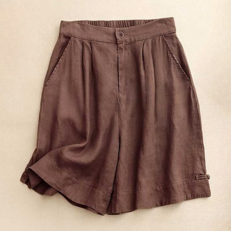 Pantaloncini da donna estivi casual con cerniera, bottoni a rana e tasche, con stampa Buddha Stones. - Marrone sella - US12, UK/AU16, EU44 (2XL) - image 0