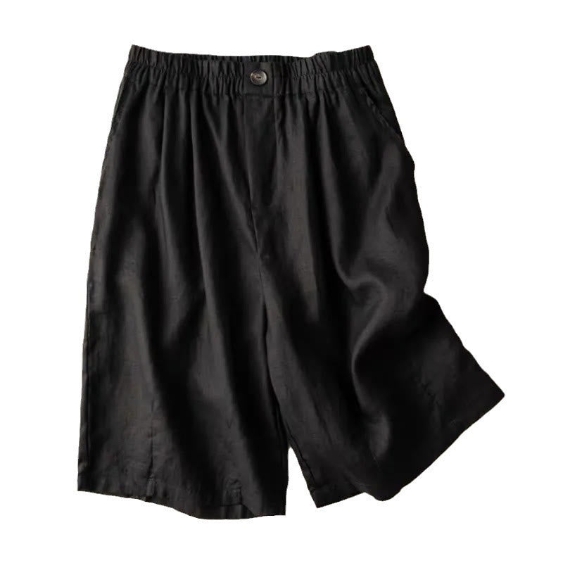 Pantaloncini da donna in lino e cotone con tasche , Buddha Stones, casual, estivi, tinta unita, con cerniera e bottoni - image 16