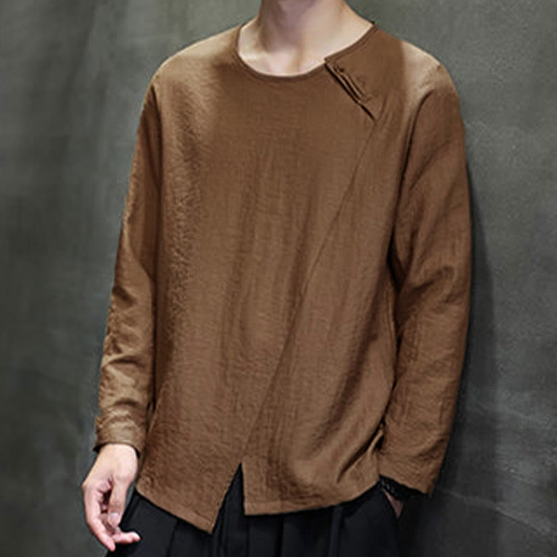 Camicie da uomo larghe a maniche lunghe con scollo rotondo e tinta unita Buddha Stones - image 41