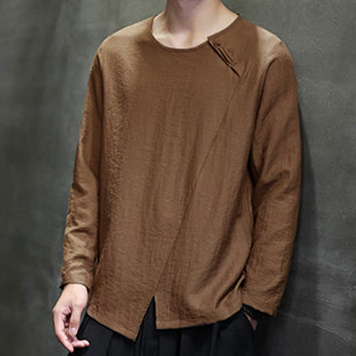 Camicie da uomo larghe a maniche lunghe con scollo rotondo e tinta unita Buddha Stones - image 41