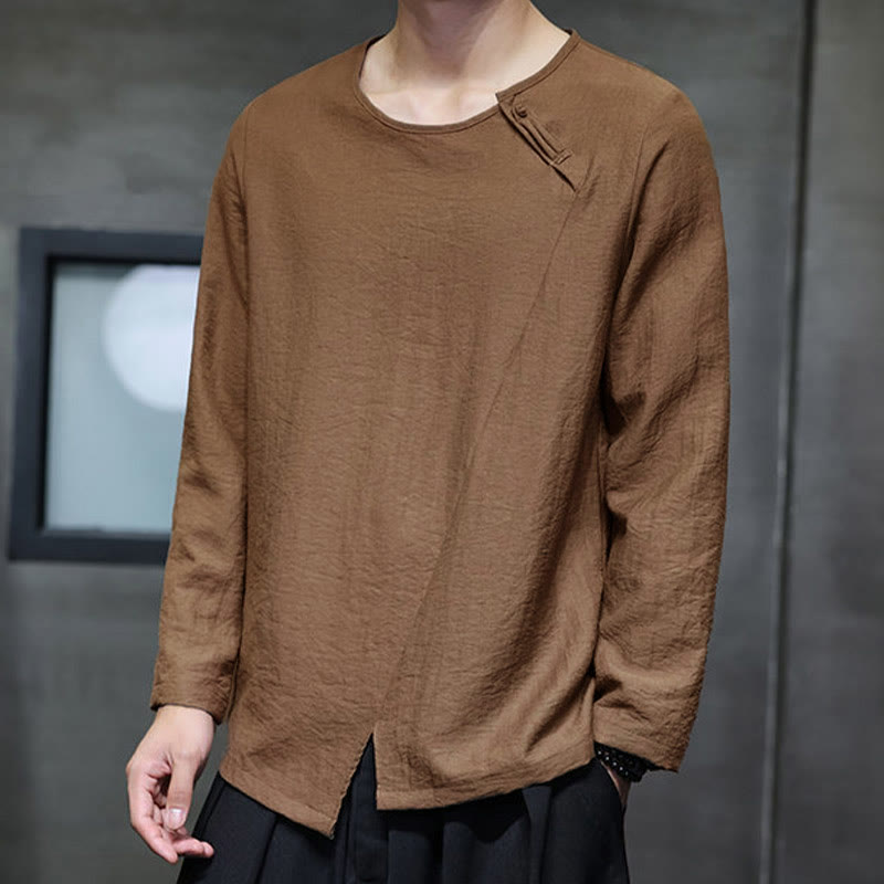 Camicie da uomo larghe a maniche lunghe con scollo rotondo e tinta unita Buddha Stones - image 37