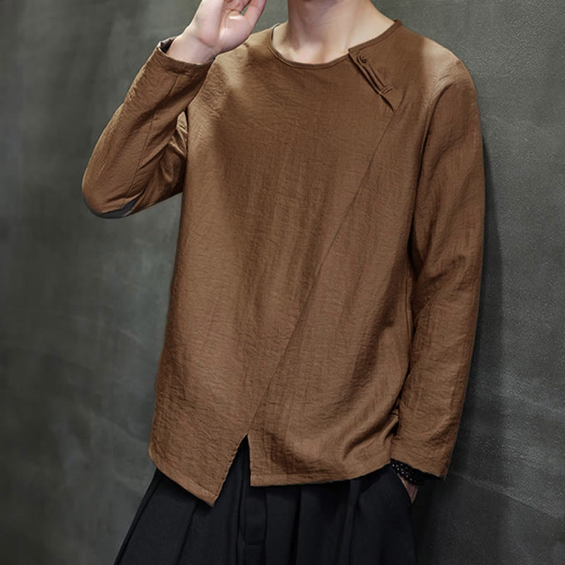 Camicie da uomo larghe a maniche lunghe con scollo rotondo e tinta unita Buddha Stones - image 39