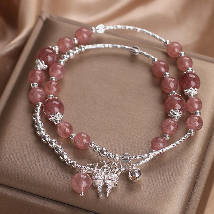 Bracciale a doppio giro con ciondolo a rosetta con fiocco e nodo in quarzo fragola naturale Buddha Stones