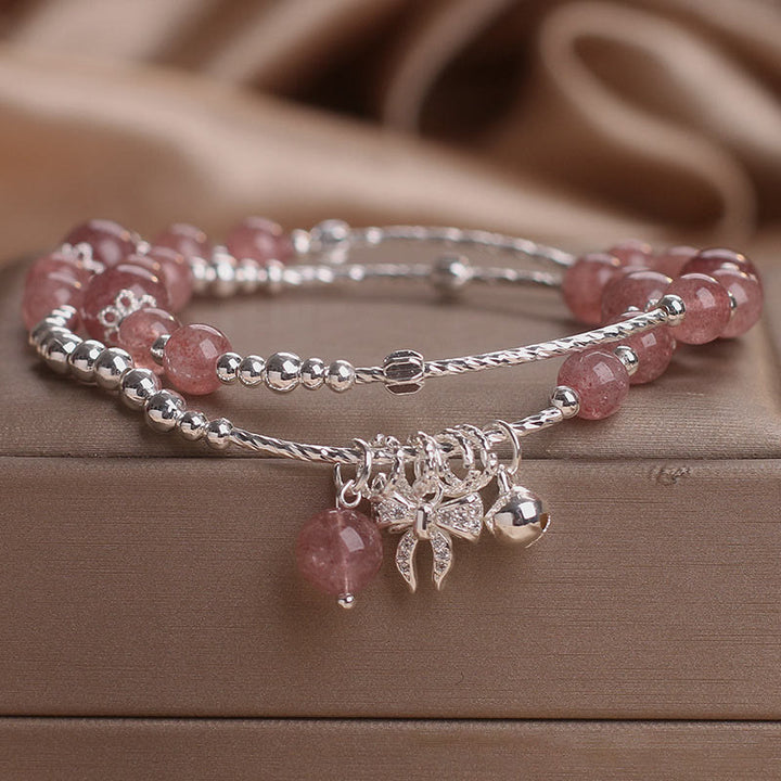 Bracciale a doppio giro con ciondolo a rosetta con fiocco e nodo in quarzo fragola naturale Buddha Stones