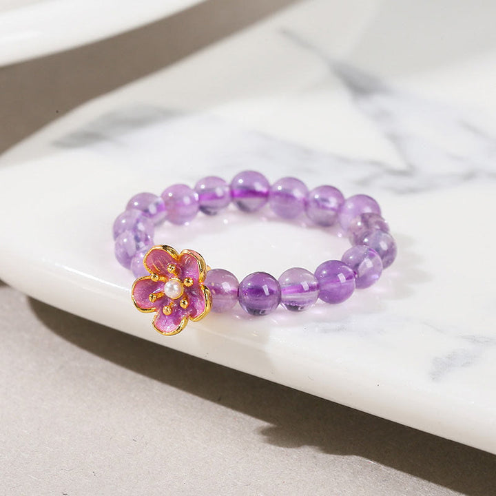 Anello elastico Buddha Stones da 3 mm, ametista e fiori di pesco