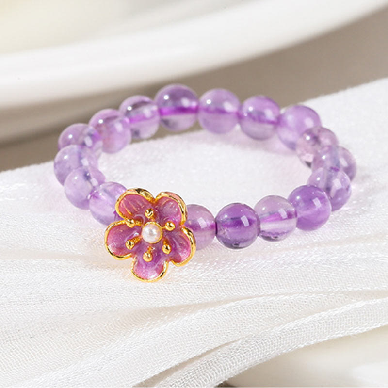 Anello elastico Buddha Stones da 3 mm, ametista e fiori di pesco