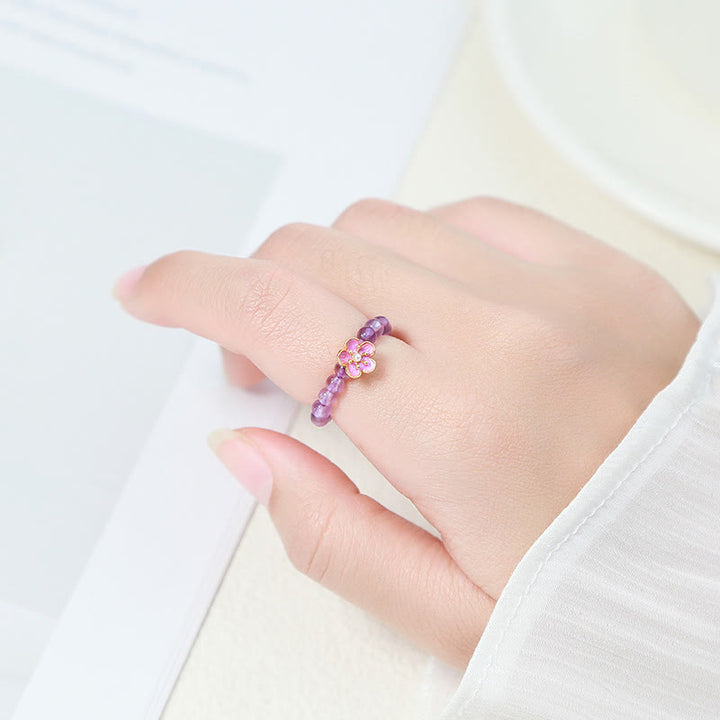 Anello elastico Buddha Stones da 3 mm, ametista e fiori di pesco