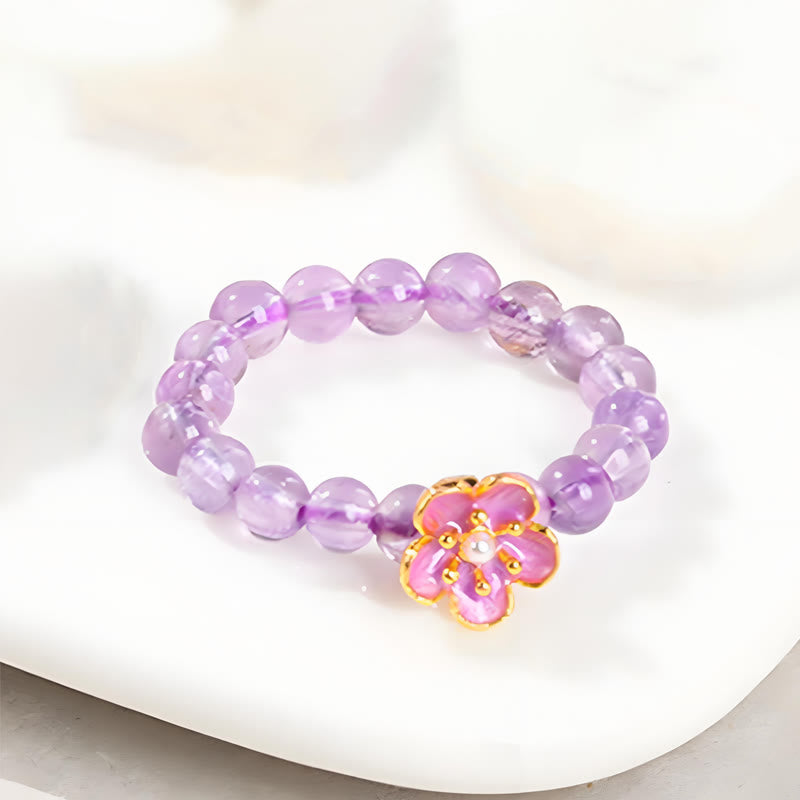 Anello elastico Buddha Stones da 3 mm, ametista e fiori di pesco
