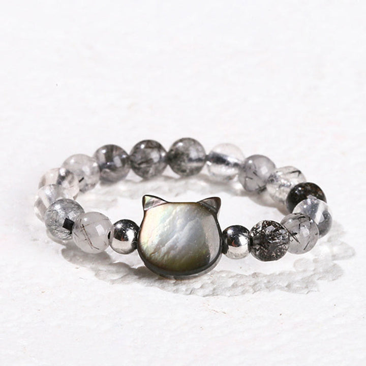 Buddha Stones 3 mm Quarzo rutilato nero Tridacna Anello Coniglio Gatto - Gatto (corda elastica da 63 mm) - image 11