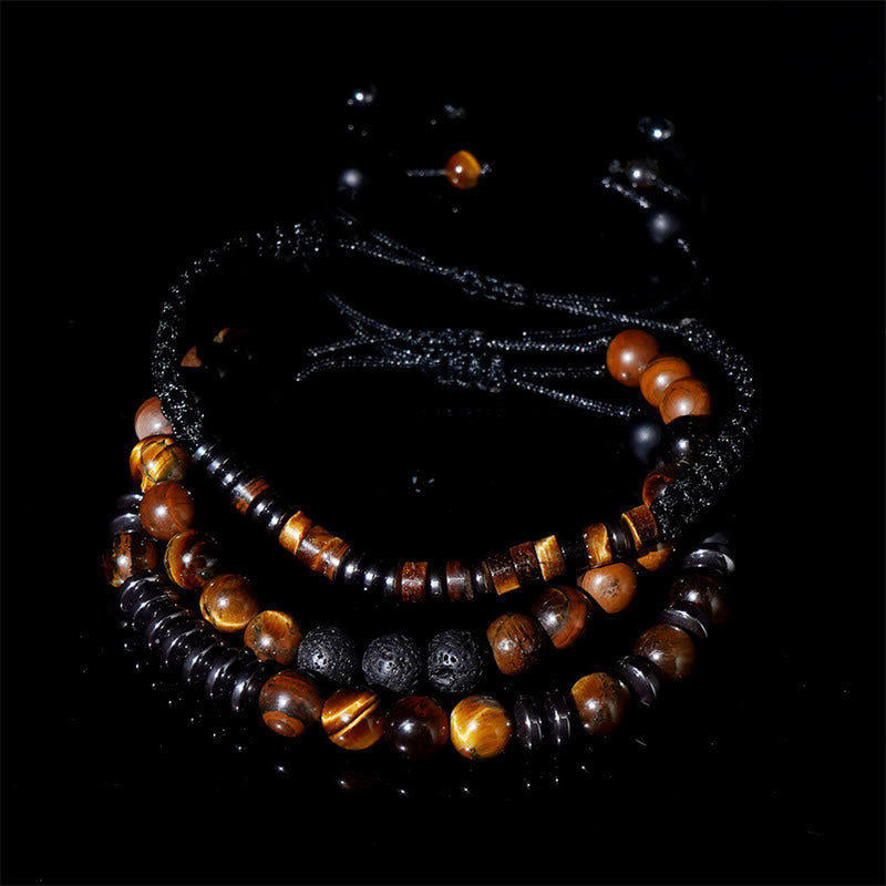 Set di 3 bracciali protettivi in pietra lavica con occhio di tigre Buddha Stones