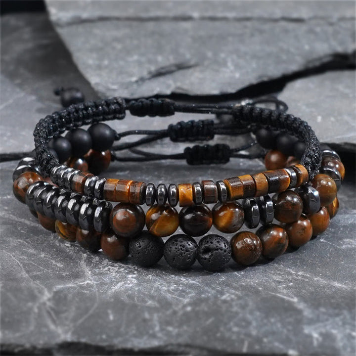 Set di 3 bracciali protettivi in pietra lavica con occhio di tigre Buddha Stones