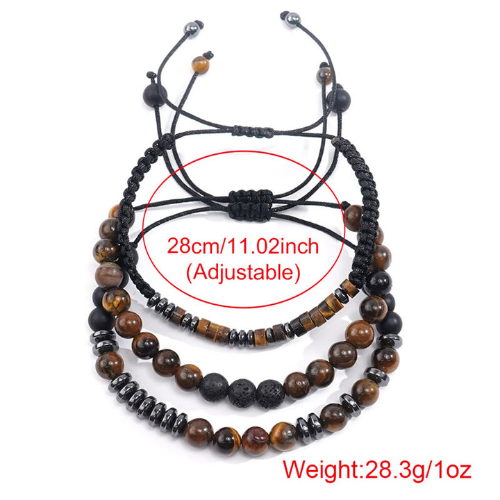 Set di 3 bracciali protettivi in pietra lavica con occhio di tigre Buddha Stones