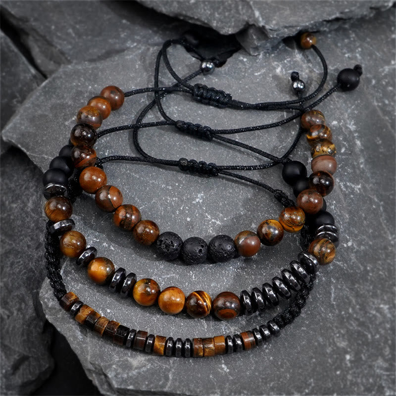 Set di 3 bracciali protettivi in pietra lavica con occhio di tigre Buddha Stones