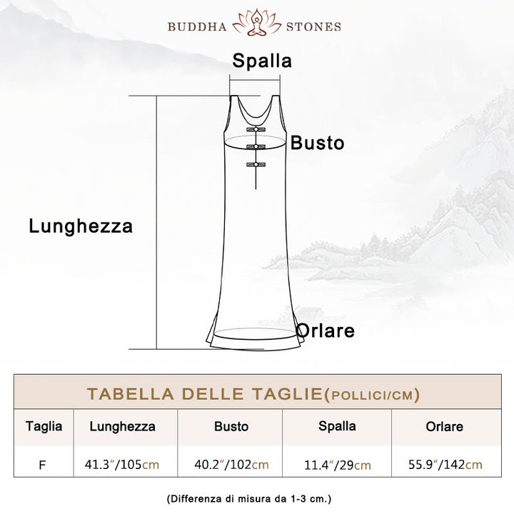 Buddha Stones Vestito midi senza maniche con bottoni a rana e pantaloni larghi in lino ramiè con tasche