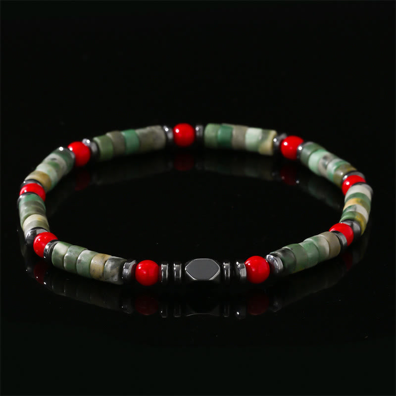 Bracciale potente in pietra verde naturale con ematite e corallo rosso Buddha Stones