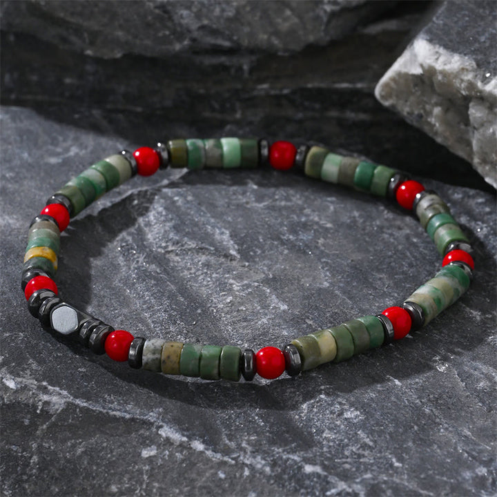 Bracciale potente in pietra verde naturale con ematite e corallo rosso Buddha Stones