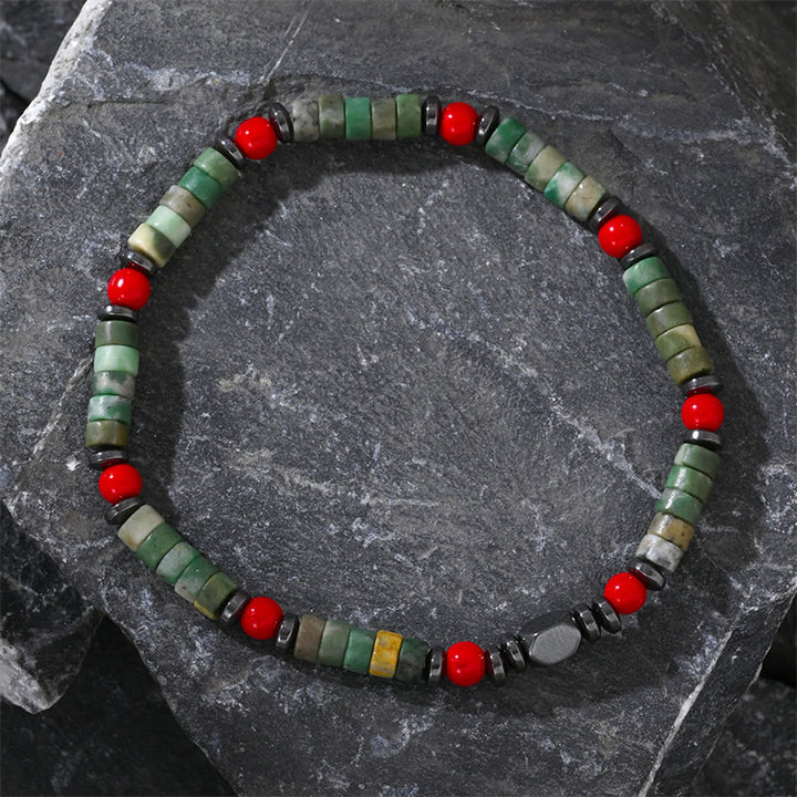 Bracciale potente in pietra verde naturale con ematite e corallo rosso Buddha Stones