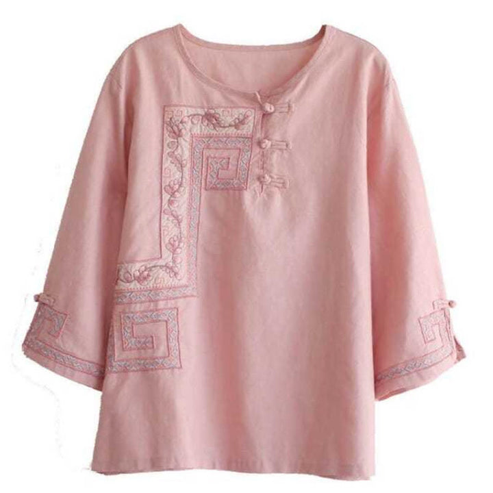 Camicia da donna in cotone e lino con maniche a tre quarti, ricamo Buddha Stones Vine e bottoni a rana