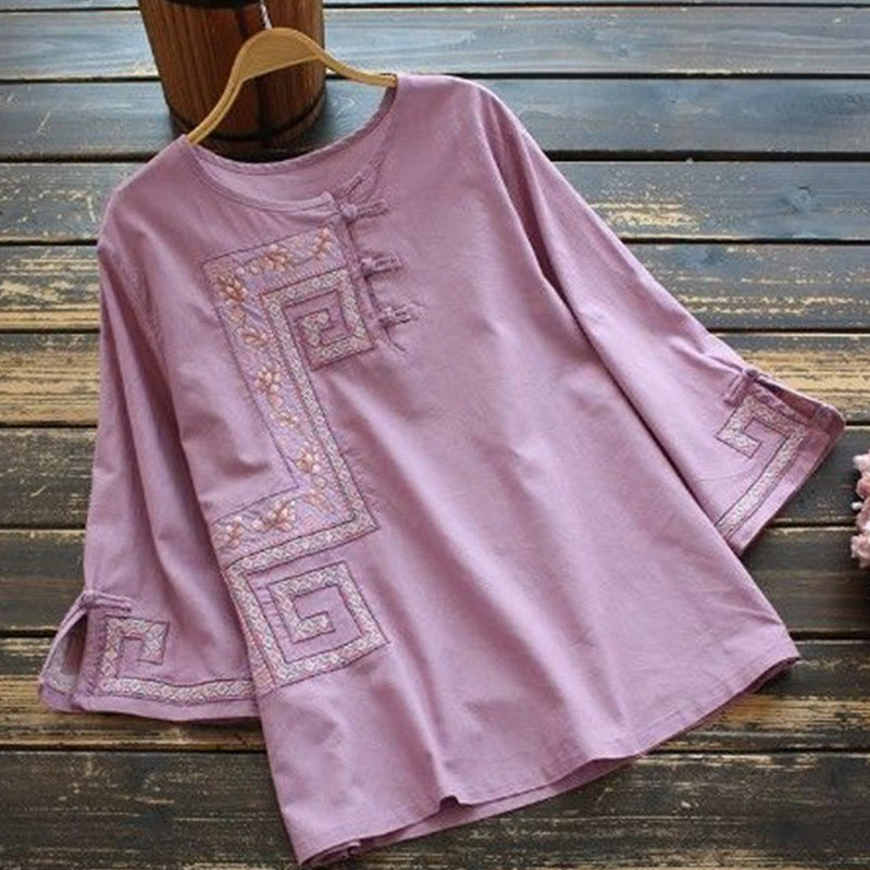 Camicia da donna in cotone e lino con maniche a tre quarti, ricamo Buddha Stones Vine e bottoni a rana
