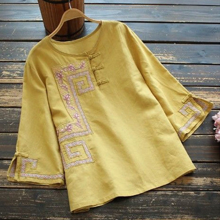 Camicia da donna in cotone e lino con maniche a tre quarti, ricamo Buddha Stones Vine e bottoni a rana