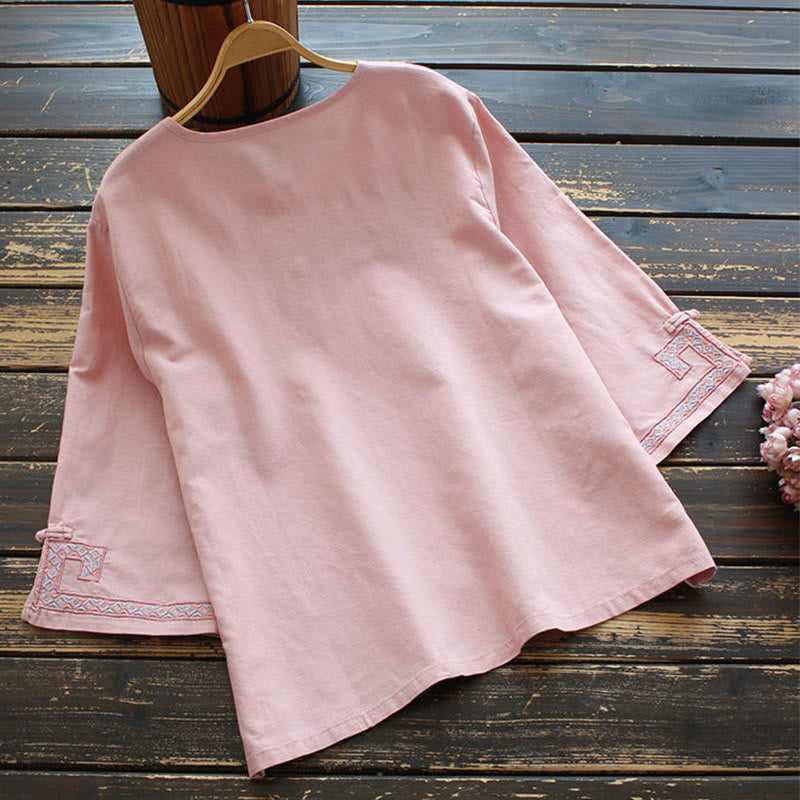 Camicia da donna in cotone e lino con maniche a tre quarti, ricamo Buddha Stones Vine e bottoni a rana