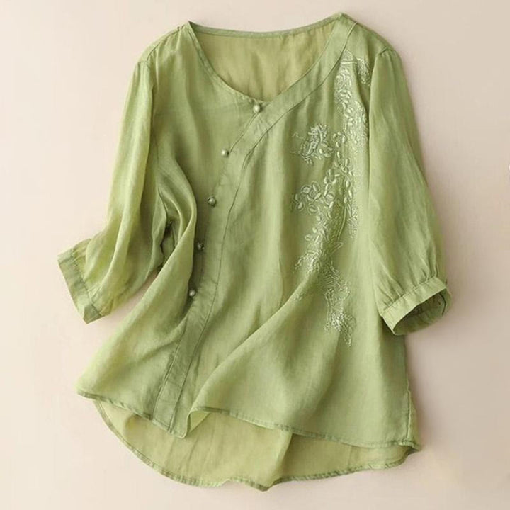 Camicia da donna a maniche corte con bottoni e rana, casual e ampia, con ricamo floreale Buddha Stones - GialloVerde - US14, UK/AU18, EU46 (4XL) - image 1