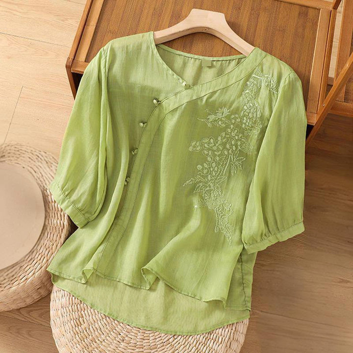 Camicia da donna a maniche corte con bottoni e rana, casual e ampia, con ricamo floreale Buddha Stones - image 2
