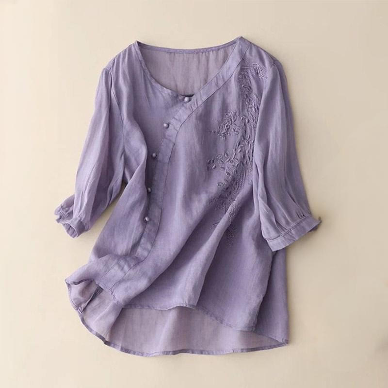 Camicia da donna a maniche corte con bottoni e rana, casual e ampia, con ricamo floreale Buddha Stones - Viola medio - US14, UK/AU18, EU46 (4XL) - image 3