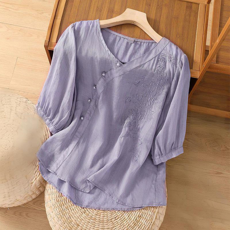Camicia da donna a maniche corte con bottoni e rana, casual e ampia, con ricamo floreale Buddha Stones - image 4