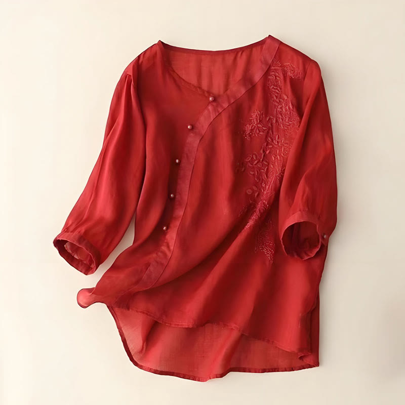 Camicia da donna a maniche corte con bottoni e rana, casual e ampia, con ricamo floreale Buddha Stones - Mattoni refrattari - US14, UK/AU18, EU46 (4XL) - image 5