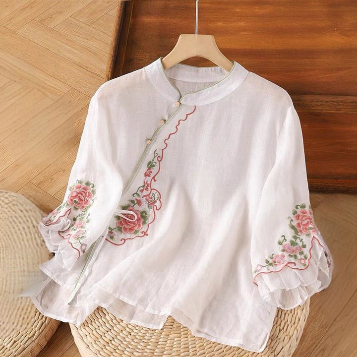 Camicia da donna con maniche a tre quarti, casual e ampia, con ricamo di peonie e bottoni a rana, motivo Buddha Stones - Nevicare - US14, UK/AU18, EU46 (4XL) - image 3