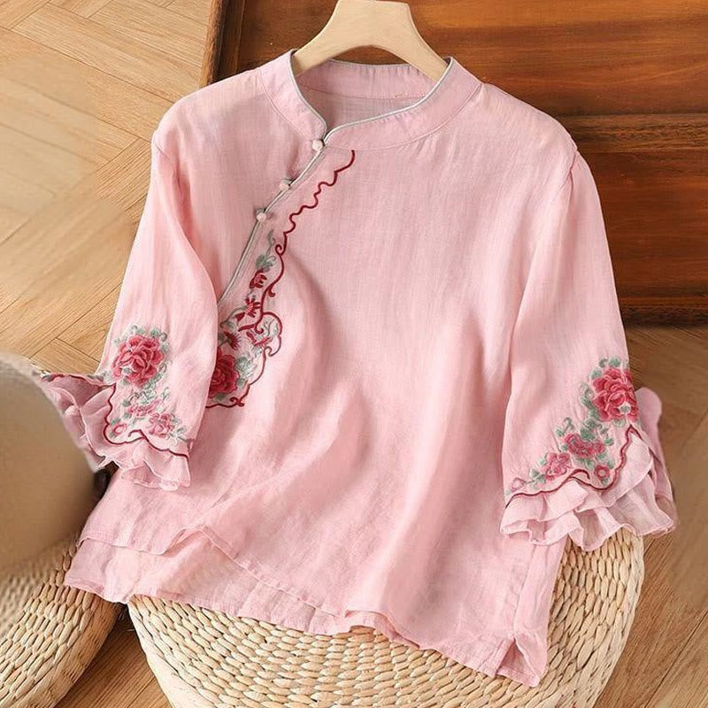 Camicia da donna con maniche a tre quarti, casual e ampia, con ricamo di peonie e bottoni a rana, motivo Buddha Stones - Rosa - US14, UK/AU18, EU46 (4XL) - image 2