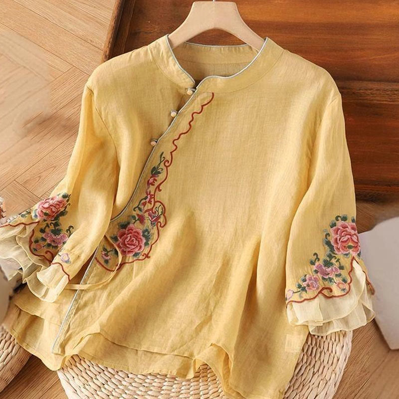 Camicia da donna con maniche a tre quarti, casual e ampia, con ricamo di peonie e bottoni a rana, motivo Buddha Stones - Oro - US14, UK/AU18, EU46 (4XL) - image 1