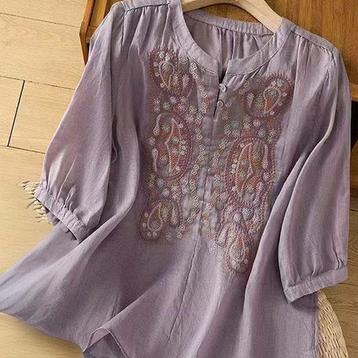 Camicia da donna in cotone con scollo a giro, manica corta, girocollo, con bottoni e ricamo Buddha Stones, casual e ampia - image 3