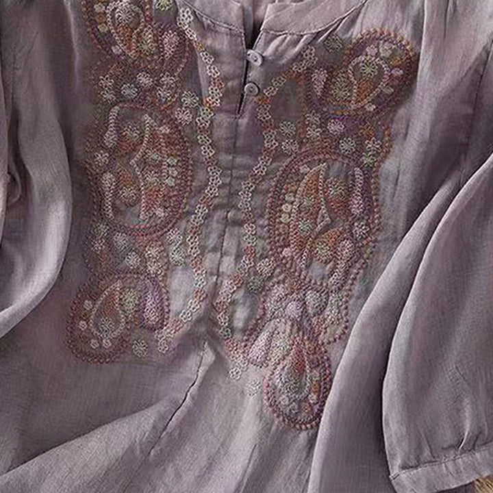 Camicia da donna in cotone con scollo a giro, manica corta, girocollo, con bottoni e ricamo Buddha Stones, casual e ampia - image 2
