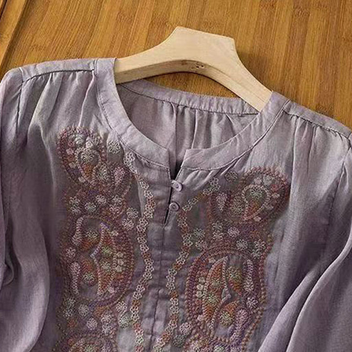 Camicia da donna in cotone con scollo a giro, manica corta, girocollo, con bottoni e ricamo Buddha Stones, casual e ampia - image 4