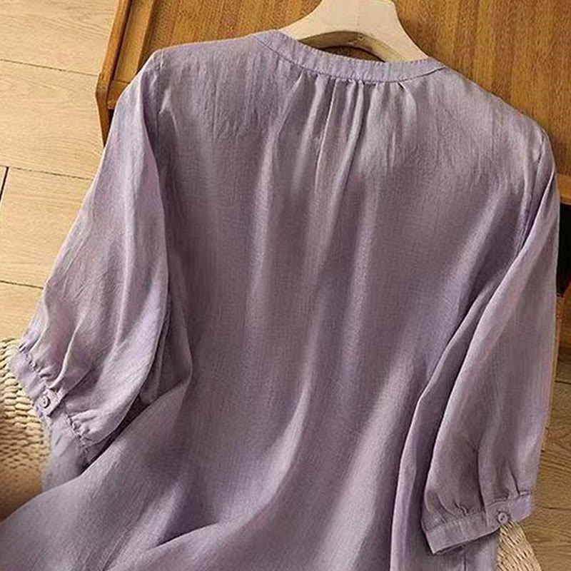 Camicia da donna in cotone con scollo a giro, manica corta, girocollo, con bottoni e ricamo Buddha Stones, casual e ampia - image 1