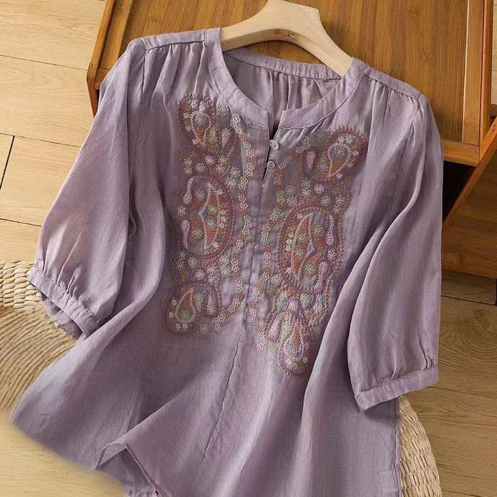Camicia da donna in cotone con scollo a giro, manica corta, girocollo, con bottoni e ricamo Buddha Stones, casual e ampia - Viola medio - US12, UK/AU16, EU44 (3XL) - image 0