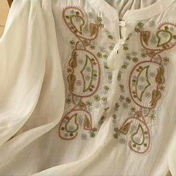 Camicia da donna in cotone con scollo a giro, manica corta, girocollo, con bottoni e ricamo Buddha Stones, casual e ampia - image 7