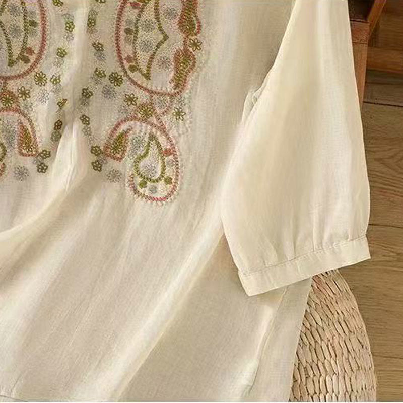 Camicia da donna in cotone con scollo a giro, manica corta, girocollo, con bottoni e ricamo Buddha Stones, casual e ampia - image 6