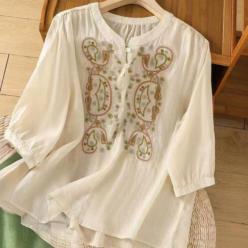 Camicia da donna in cotone con scollo a giro, manica corta, girocollo, con bottoni e ricamo Buddha Stones, casual e ampia - Beige - US12, UK/AU16, EU44 (3XL) - image 5