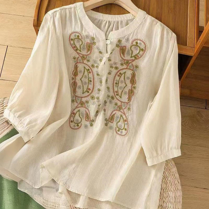 Camicia da donna in cotone con scollo a giro, manica corta, girocollo, con bottoni e ricamo Buddha Stones, casual e ampia - Beige - US12, UK/AU16, EU44 (3XL) - image 5