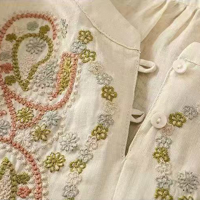 Camicia da donna in cotone con scollo a giro, manica corta, girocollo, con bottoni e ricamo Buddha Stones, casual e ampia - image 11