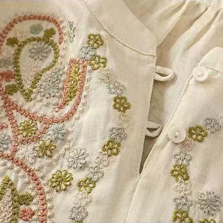 Camicia da donna in cotone con scollo a giro, manica corta, girocollo, con bottoni e ricamo Buddha Stones, casual e ampia - image 11